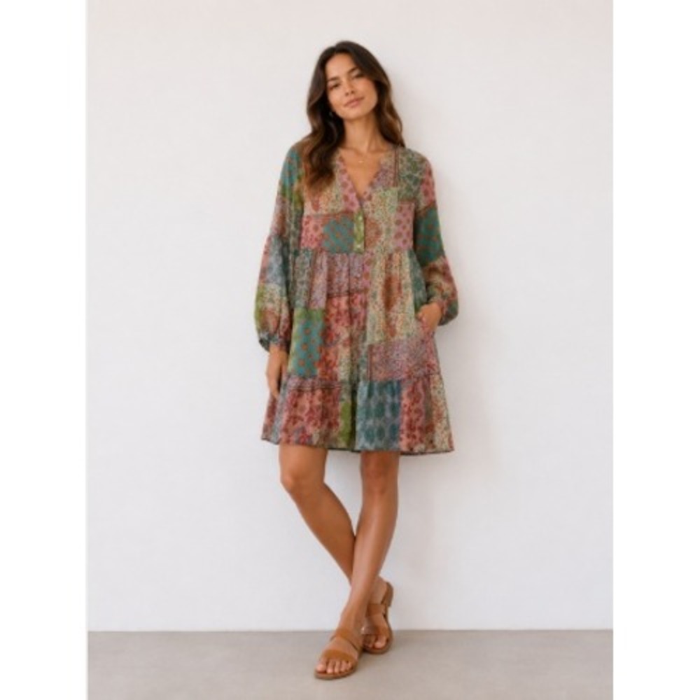 Zara Patchwork Chiffon Boho Dress S | Festival Cottagecore Mini Dress